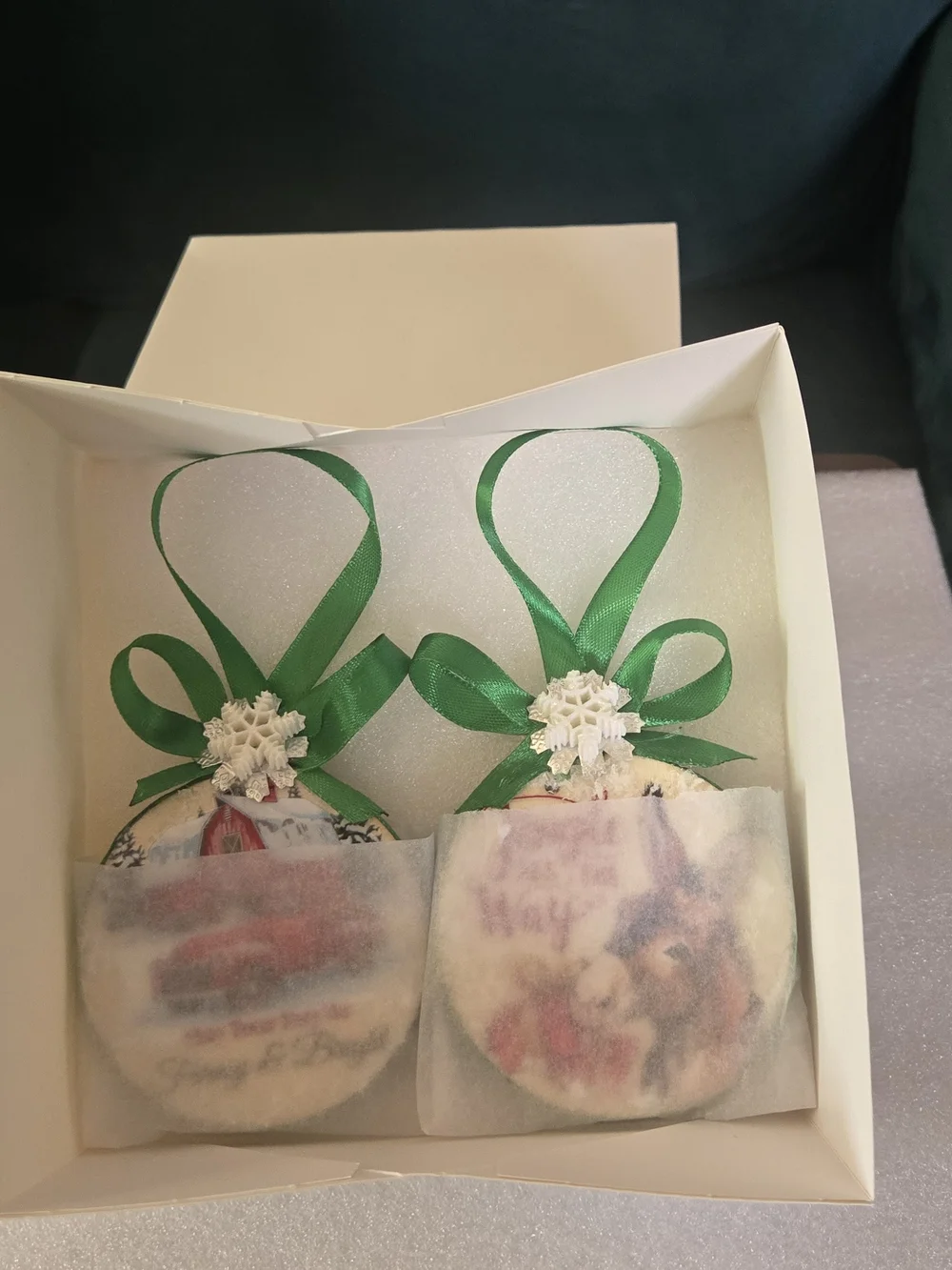 Festive Green Ribbon Holiday Ornament Pair